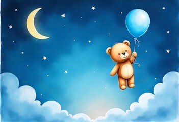 Fototapeta premium Watercolor illustration of a cute teddy bear holding a blue balloon floating in the air