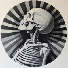 A black and white drawing of a human skeleton in a circle