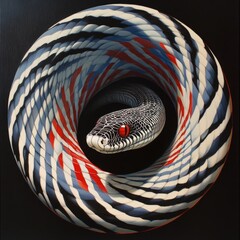 A painting of a snake with red eyes on a black background