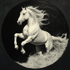 A white horse is galloping in the water