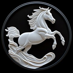 A white horse in a black circle on a black background