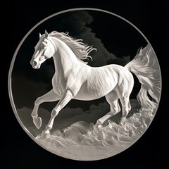 A white horse is galloping in a circle on a black background