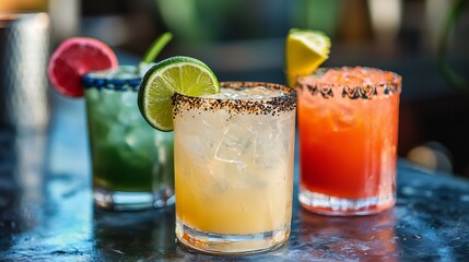 Cinco de Mayo, Three Refreshing Cocktails with Lime Garnish Ready for Summer Enjoyment Perfect for a Party or Relaxed Evening A Close Up Shot Showing Delicious Drinks