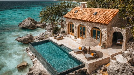 A house with a swimming pool next to the ocean