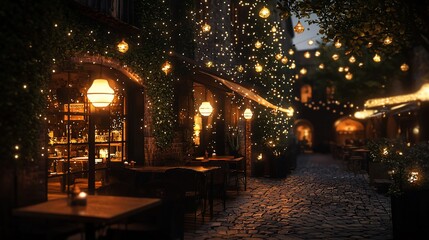 Enchanting evening ambiance in a quaint European town, glowing warmly with lights