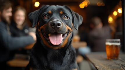 A black and brown dog sitting at a table with a glass of beer