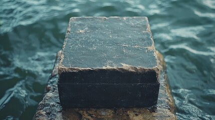 A black box sitting on top of a rock by the water