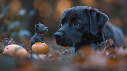 A black dog and a black cat sitting on top of an orange