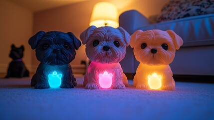 A group of three small dogs sitting next to each other on the floor