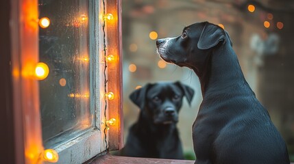 A black dog looking out of a window at another dog
