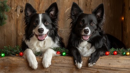 Two black and white dogs laying next to each other on a log