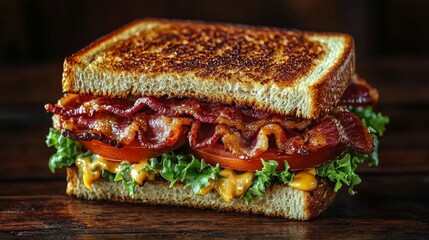 A bacon and cheese sandwich on a wooden table