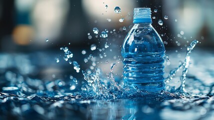A bottle of water with water splashing out of it