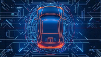 Futuristic car design with glowing lines over a digital circuit background, highlighting innovation in automotive technology.