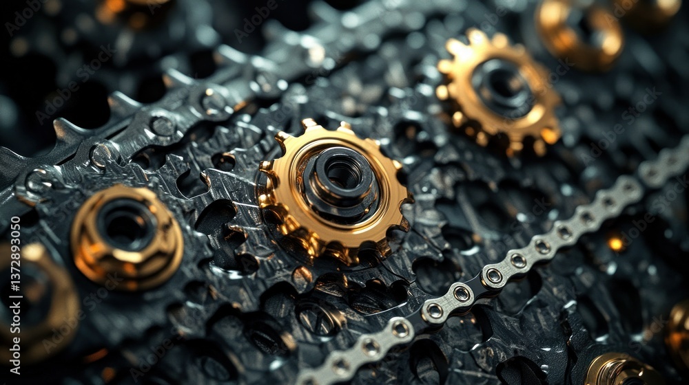 Poster close-up of intricate gears and chain mechanism