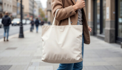Person wearing beige coat and blue jeans carrying white canvas tote bag walking on city sidewalk with blurred urban background