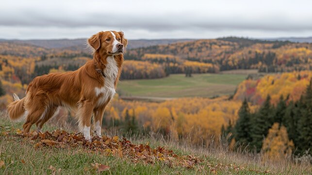 A brown and white dog standing on top of a lush green hillside