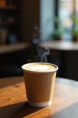 Aromatic Steaming Coffee in a Disposable Cup on a Wooden Table, Enjoying a Moment of Calm and Warmth in a Cozy Cafe Setting