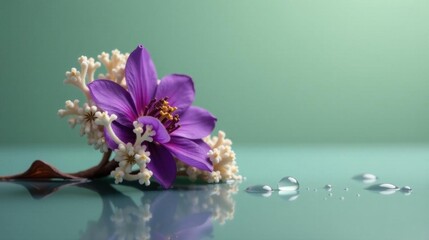 Serene Purple Bloom with Delicate White Accents and Glistening Water Droplets on a Smooth Surface