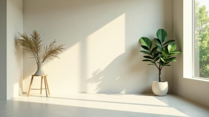 Serene Minimalist Interior Design Featuring Dried Flowers and Lush Greenery in a Sunlit Room
