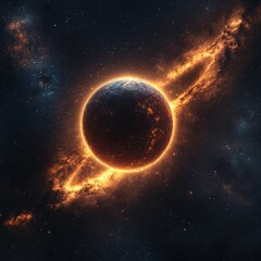 Obraz premium Lunar eclipse orbit cosmic concept. A mesmerizing cosmic scene features a glowing planet surrounded by a ring of fiery energy, set against a backdrop of twinkling stars.