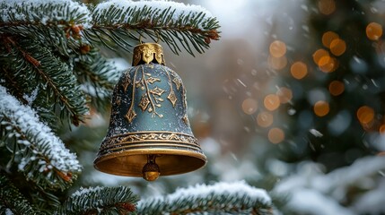 A bell hanging from a christmas tree covered in snow