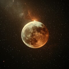 Obraz premium Lunar eclipse orbit cosmic concept. A stunning cosmic image of a glowing moon surrounded by twinkling stars and nebulous clouds, creating a captivating celestial landscape.