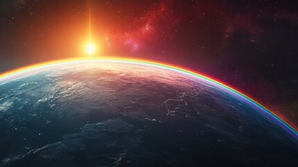 Obraz premium Lunar eclipse orbit cosmic concept. A stunning cosmic view of Earth with a vibrant rainbow arc, illuminated by a sunrise, set against a backdrop of starry space.