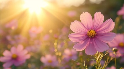 A pink flower in the middle of a field of flowers