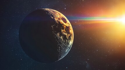 Obraz premium Lunar eclipse orbit cosmic concept. A stunning cosmic scene featuring a planet illuminated by sunlight, surrounded by stars in a vast universe.