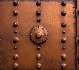 abstract geometric pattern old worn copper antique rivets on cast iron metal wall surface with with bolts. 3d render.bolt, rivet, background, grey, grid, grunge, metallic,