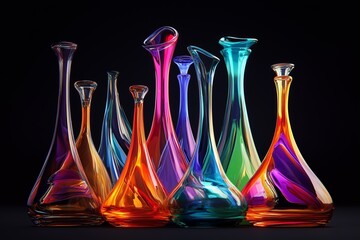 Glass shapes with colorful refraction 3d render. Isolated on black