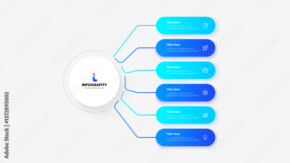 Poster Modern infographic with gradient color scheme showcases a central design branching into six sections. Perfect for presenting business data, workflows, or processes