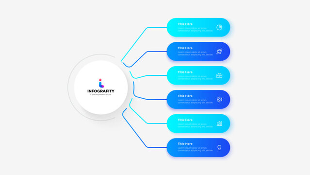 Modern infographic with gradient color scheme showcases a central design branching into six sections. Perfect for presenting business data, workflows, or processes