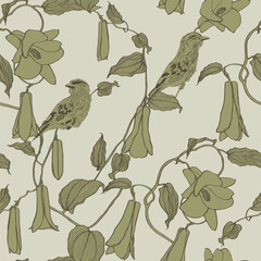 Botanical seamless pattern, various lapageria flowers, lilac breasted Roller bird and leaves.