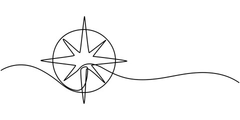 One continuous line drawing of traveller compass, Continuous one line drawing of traveller compass. One line drawing illustration of compass navigate and adventure. Navigation, direction, journey.
