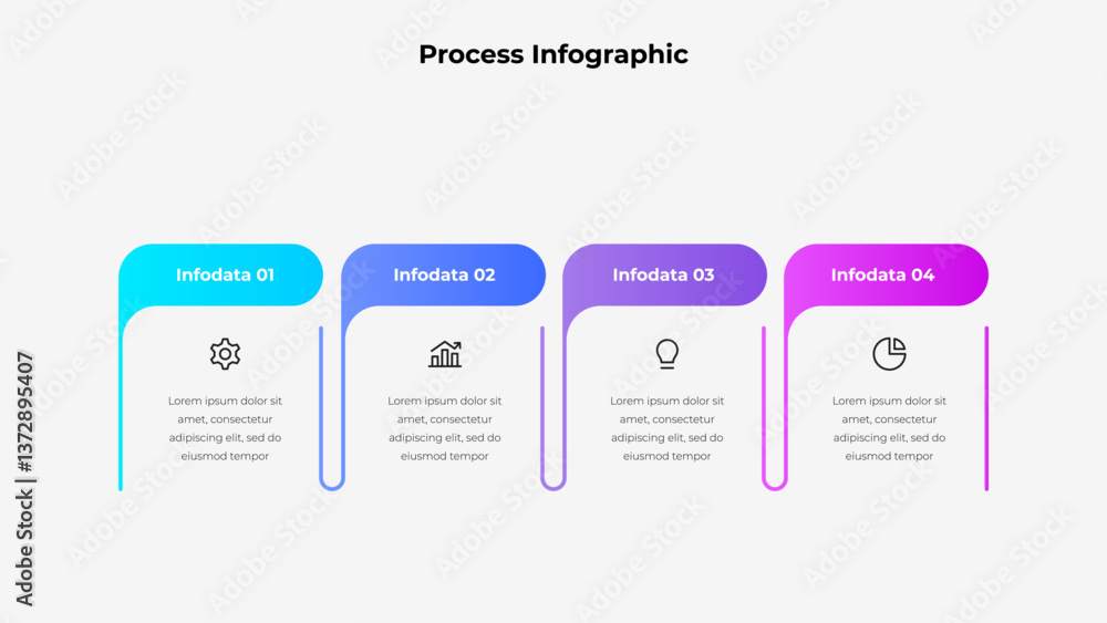 Poster Professional process infographic template featuring four gradient sections with icons and placeholder text. Perfect for business, presentations, workflow, and professional data visualizations