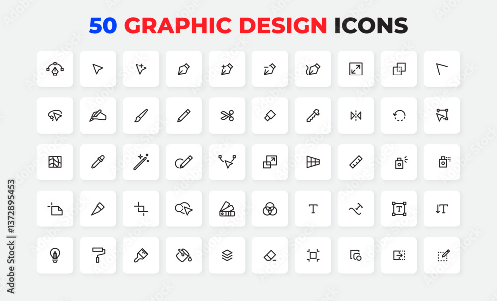 Poster collection of 50 lined design tool icons showcasing essential graphic editing capabilities, perfect 