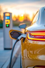 Rear view of an electric vehicle plugged into a charging station at sunset. A clean and futuristic approach to eco-friendly mobility.