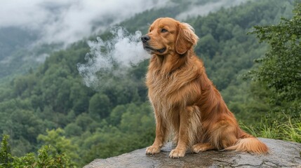 Obraz premium A dog sitting on top of a rock smoking a cigarette