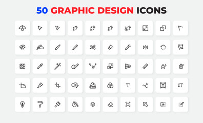 Collection of 50 lined design tool icons showcasing essential graphic editing capabilities, perfect for digital interfaces, creative media, and professional design presentations