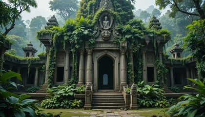Ancient European architecture blends in an old stone church exterior, a historic landmark against the sky