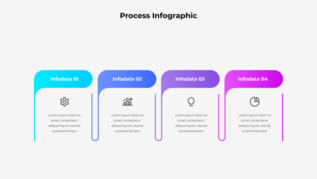 Professional process infographic template featuring four gradient sections with icons and placeholder text. Perfect for business, presentations, workflow, and professional data visualizations