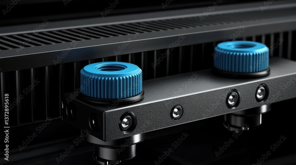 Poster close-up of precise industrial components with adjustable knobs. complex mechanical assembly with co
