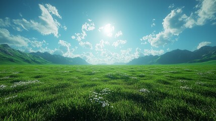 Obraz premium A field of green grass with white flowers in the foreground and mountains in the background