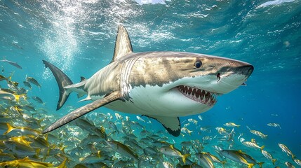 Obraz premium A great white shark swimming in the ocean surrounded by fish