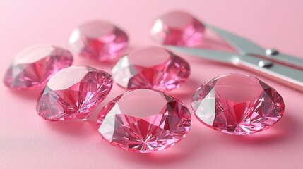 A pair of scissors sitting next to a bunch of pink diamonds