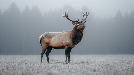 Fototapeta premium A large elk standing in a field covered in frost