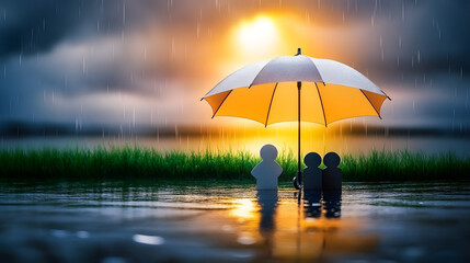 Under umbrella life insurance concepts, digital healthcare and medical technology, family and life, financial health, savings, buy insurance online, real estate. stability of property