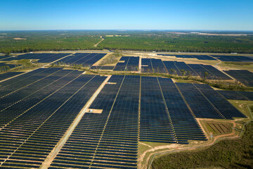 Aerial view of big sustainable electric power plant with many rows of solar photovoltaic panels for...